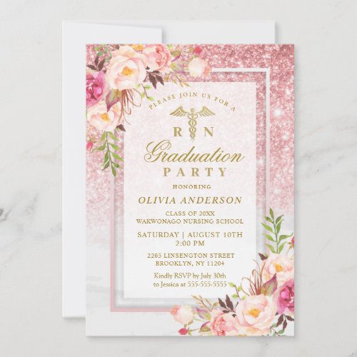 Pink Floral Gold Glitter Nursing School Graduation Invitation