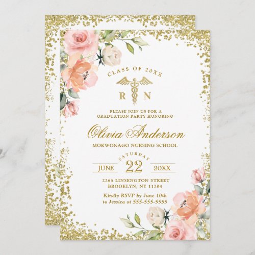 Pink Floral Gold Glitter Nursing School Graduation Invitation