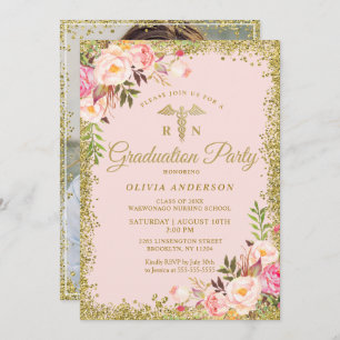 Pink Floral Gold Glitter Nursing School Graduation Invitation