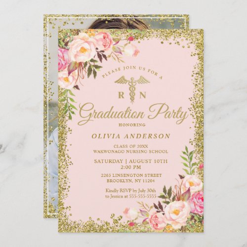 Pink Floral Gold Glitter Nursing School Graduation Invitation