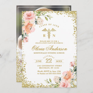 Pink Floral Gold Glitter Nursing School Graduation Invitation