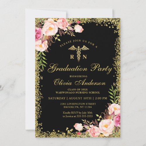 Pink Floral Gold Glitter Nursing School Graduation Invitation