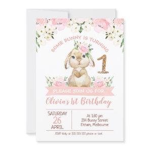 Pink Floral Gold Glitter One Some Bunny Birthday Invitation