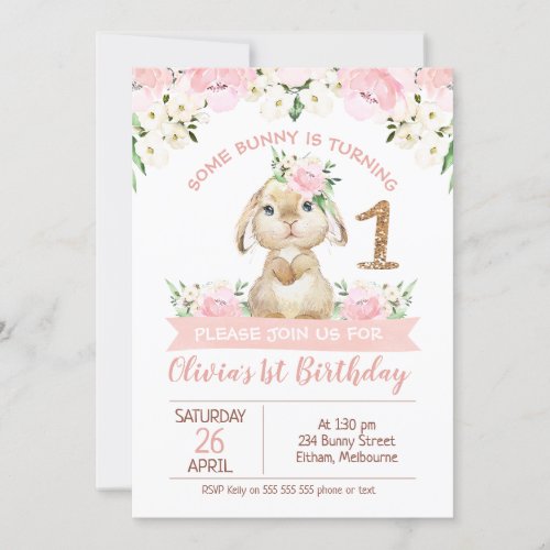 Pink Floral Gold Glitter One Some Bunny Birthday Invitation