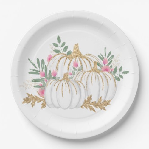 Pink Floral Gold Glitter Pumpkins Fall Wedding Paper Plates