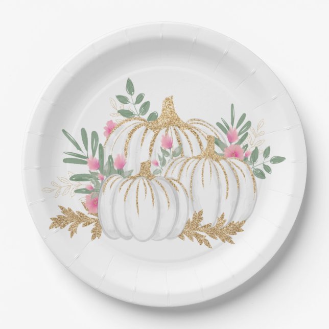 Pink Floral Gold Glitter Pumpkins Fall Wedding Paper Plates (Front)