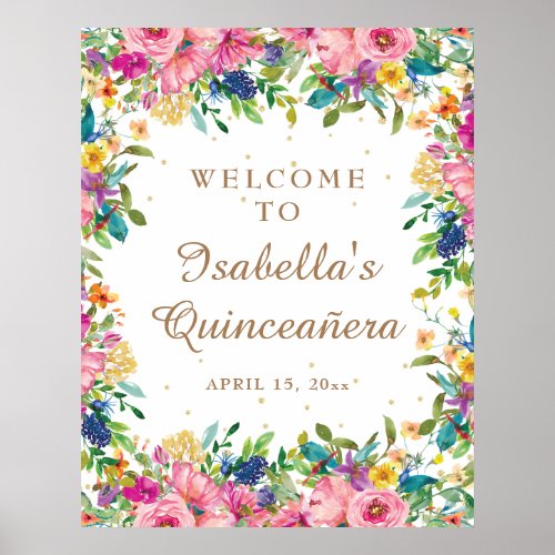 Pink Floral Gold Glitter Quinceaera Welcome  Poster