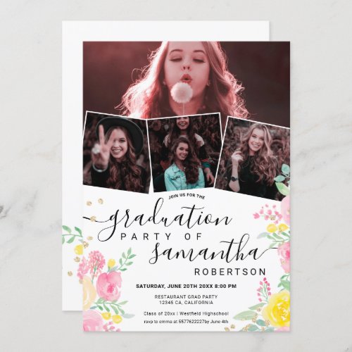 Pink floral gold glitter script 4 photo graduation invitation