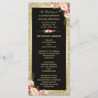 Pink Floral Gold Glitter Sparkling Wedding Program