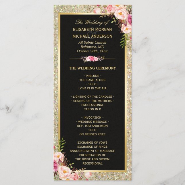 Pink Floral Gold Glitter Sparkling Wedding Program (Front)
