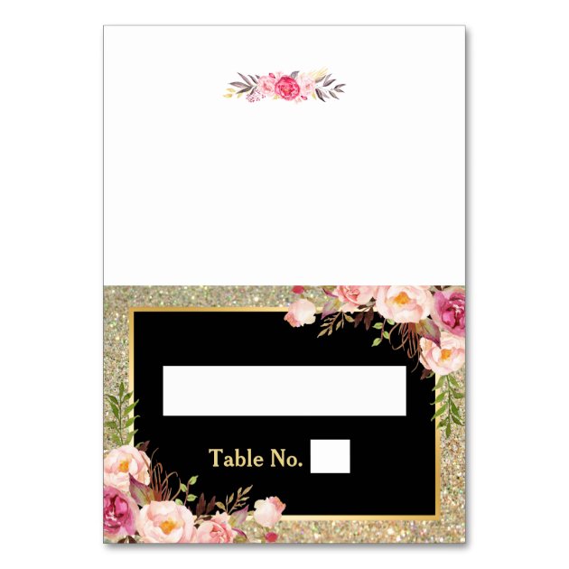 Pink Floral Gold Glitter Stripes Wedding Place Card