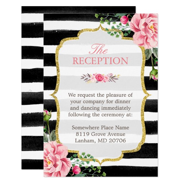 Pink Floral Gold Glitter Stripes Wedding Reception Card