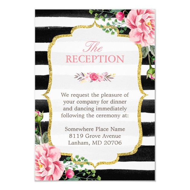 Pink Floral Gold Glitter Stripes Wedding Reception Card