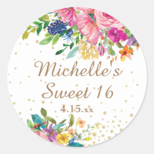 Pink Floral Gold Glitter Sweet 16 Birthday Name Classic Round Sticker