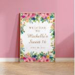 Pink Floral Gold Glitter Sweet 16 Welcome  Poster<br><div class="desc">Elegant and colorful pink,  blue,  and yellow watercolor floral with gold glitter on a white Sweet 16 birthday party "Welcome" poster.  Contact me for assistance with customization or to request matching or coordinating products.</div>