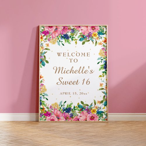 Pink Floral Gold Glitter Sweet 16 Welcome  Poster