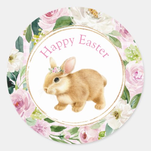 Pink Floral  Gold Happy Easter Bunny Classic Round Sticker