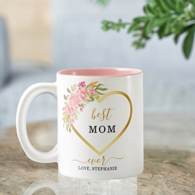 Pink Floral Gold Heart Best Mom Ever Two-Tone Coffee Mug (Creator Uploaded)