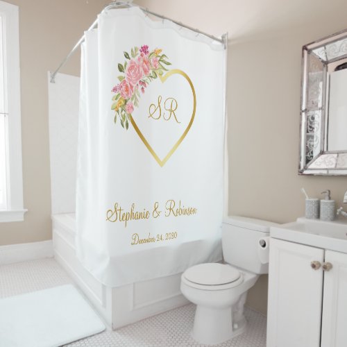 Pink Floral Gold Heart Monogram Logo Wedding Gift Shower Curtain