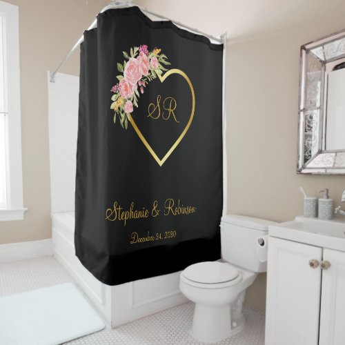 Pink Floral Gold Heart Monogram On Black Shower Curtain