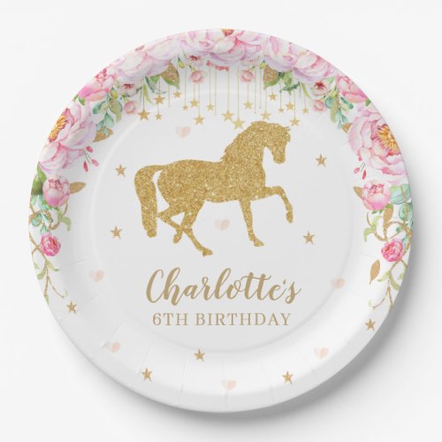 Pink Floral Gold Horse Birthday Baby Shower Paper Plates