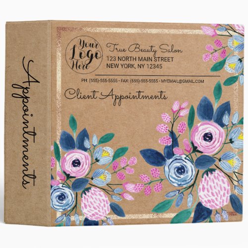 Pink Floral Gold Kraft Paper Business Appointment 3 Ring Binder