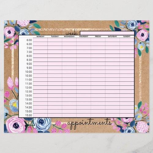 Pink Floral Gold Kraft Paper Business Appointments