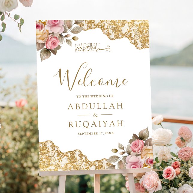 Pink Floral Gold Lace Muslim Wedding Welcome Sign (Creator Uploaded)