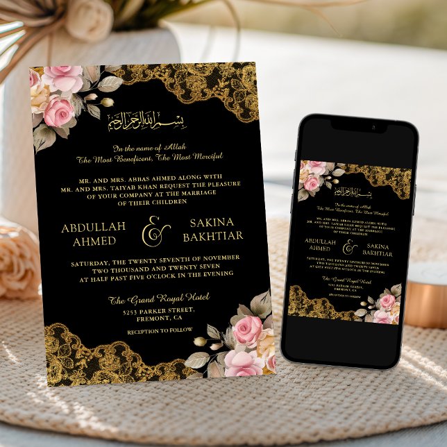Pink Floral Gold Lace QR Code Black Muslim Wedding Invitation (Creator Uploaded)