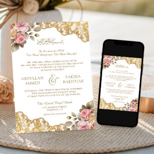 Pink Floral Gold Lace QR Code Muslim Wedding Invitation