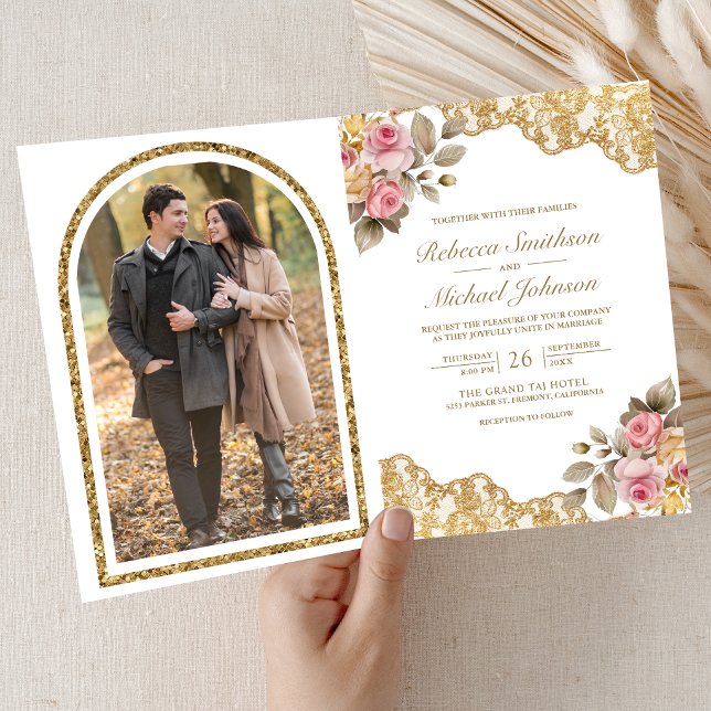 Pink Floral Gold Lace QR Code Photo Wedding Invitation (Creator Uploaded)