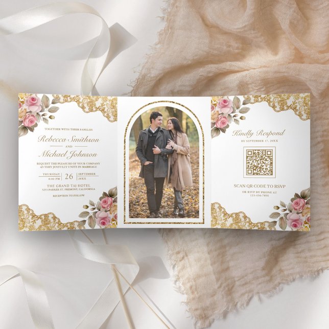 Pink Floral Gold Lace QR Code Photo Wedding Tri-Fold Invitation (Creator Uploaded)