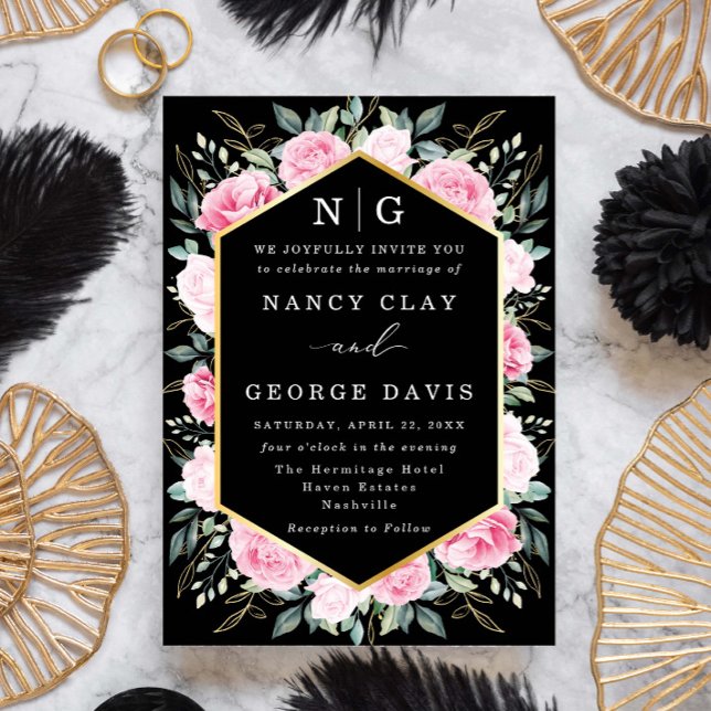 Pink Floral Gold Leaves Black Monogram Wedding Invitation (Creator Uploaded)