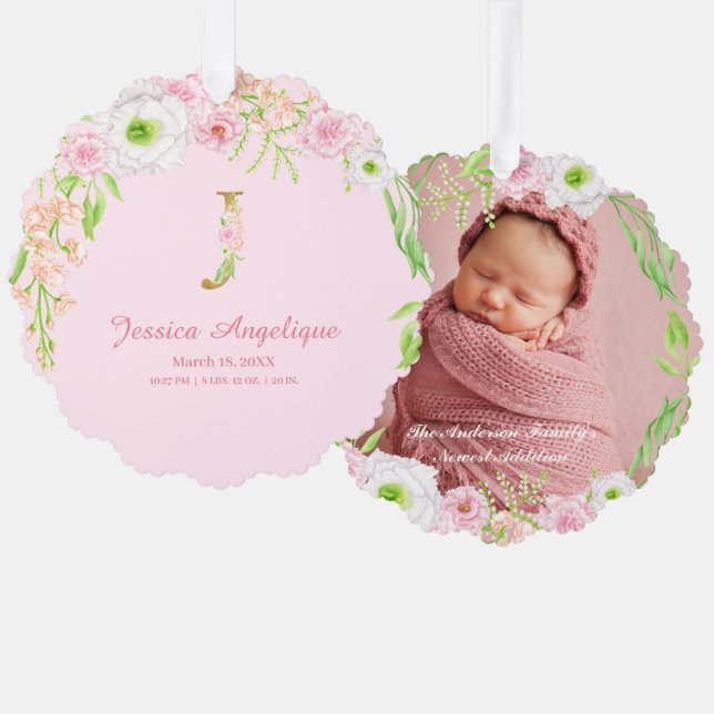 Pink Floral Gold Letter "J" Monogram Birth Stats Ornament Card (Front/Back)