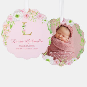 Pink Floral Gold Letter "L" Monogram Birth Stats Ornament Card