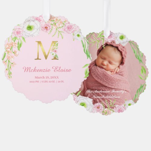Pink Floral Gold Letter M Monogram Birth Stats Ornament Card