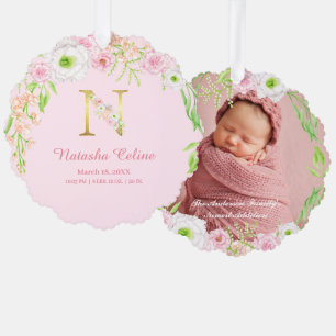 Pink Floral Gold Letter "N" Monogram Birth Stats Ornament Card