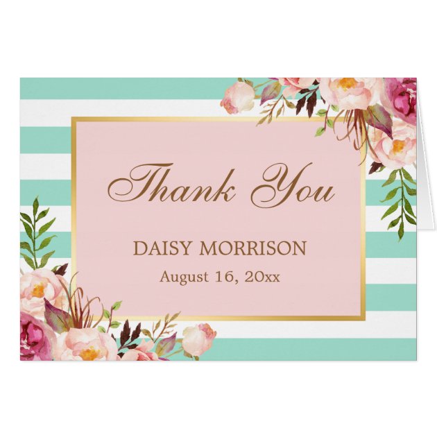 Pink Floral Gold Mint Green Stripes Thank You Card