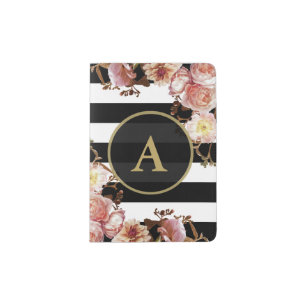 Pink Floral Gold Monogram Black White Stripe Passport Holder