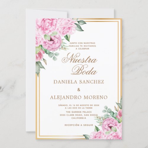 Pink Floral Gold Nuestra Boda Spanish Wedding Invitation