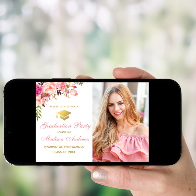 Pink Floral Gold Photo Graduation Party Invitation (Front Digital)