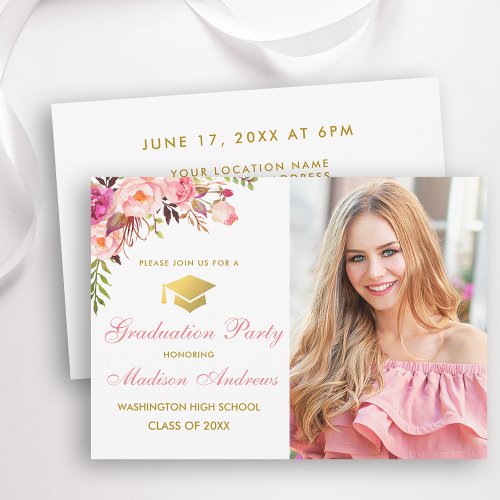 Pink Floral Gold Photo Graduation Party Invitation