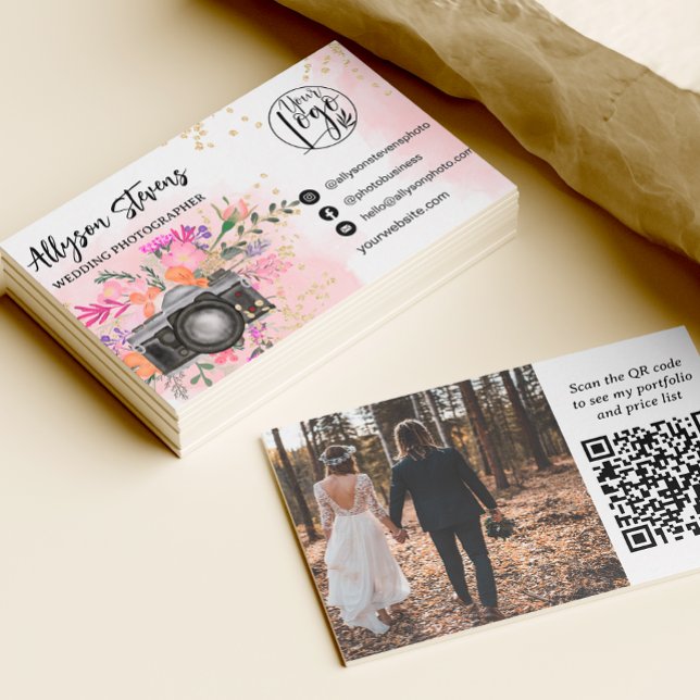 Pink Floral gold Photography photo logo qr code Business Card (Creator Uploaded)