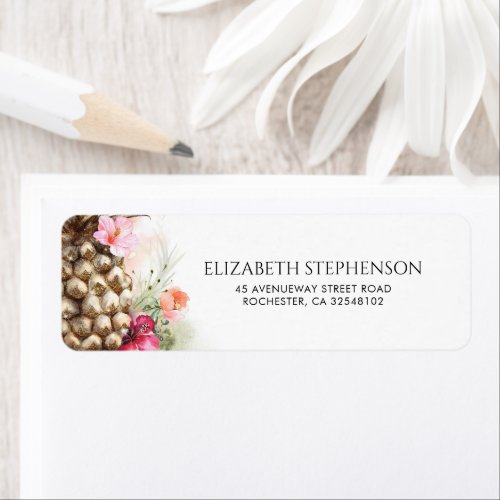 Pink Floral Gold Pineapple Beach Wedding Label
