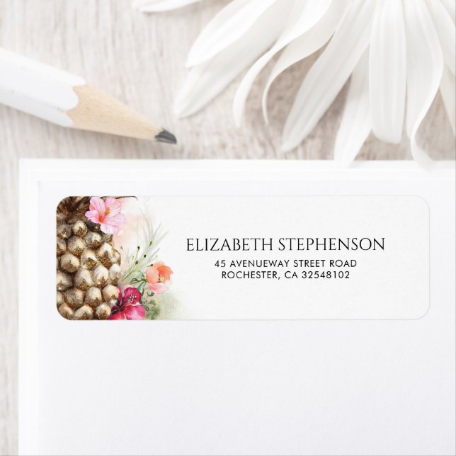 Pink Floral Gold Pineapple Beach Wedding Label (Insitu)