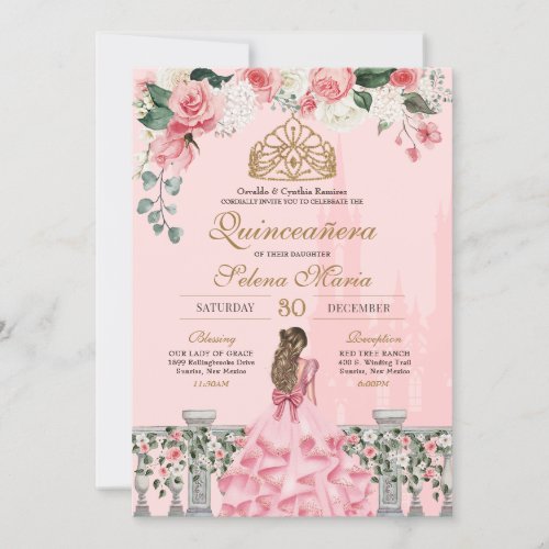 Pink Floral  Gold Princess Fairytale Quinceanera Invitation