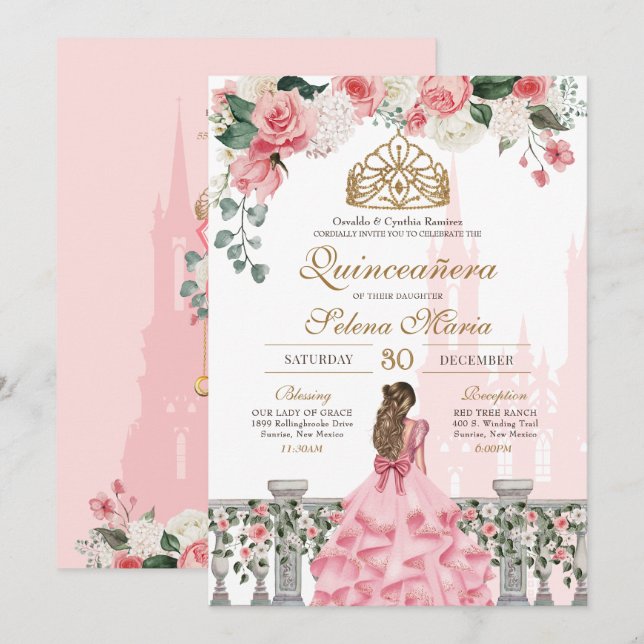 Pink Floral & Gold Princess Fairytale Quinceanera Invitation (Front/Back)