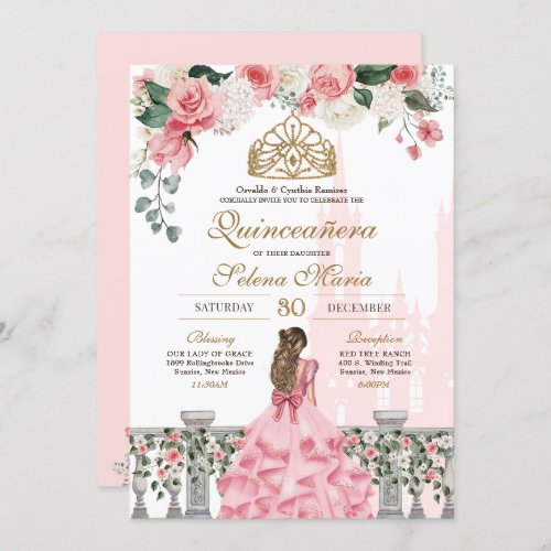 Pink Floral  Gold Princess Fairytale Quinceanera Invitation