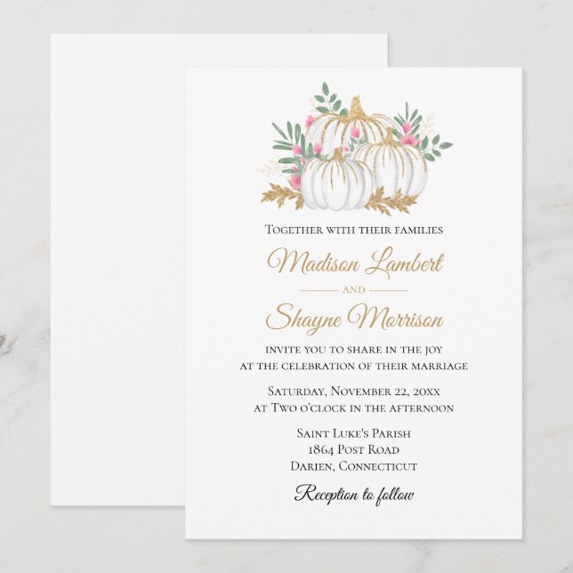 Pink Floral Gold Pumpkin Elegant Fall Wedding Invitation (Front/Back)