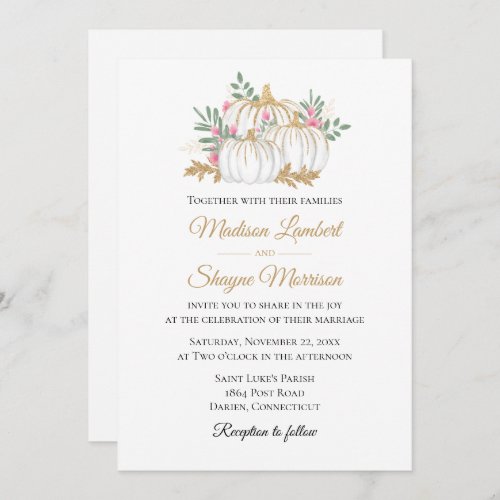 Pink Floral Gold Pumpkin Elegant Fall Wedding Invitation